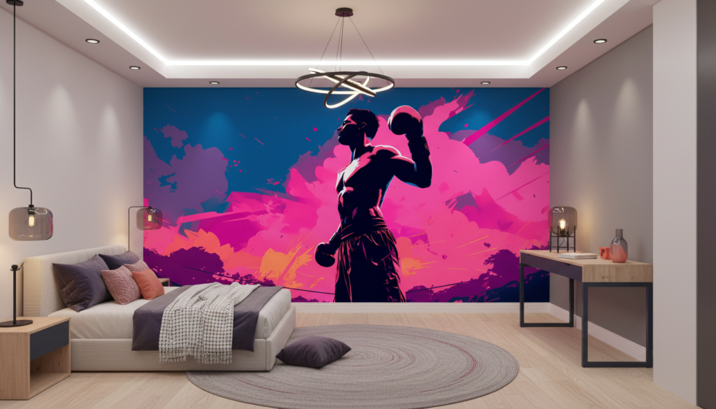 Papier peint boxeur silhouette moderne explosion colorée rose fuchsia - Chambre ado