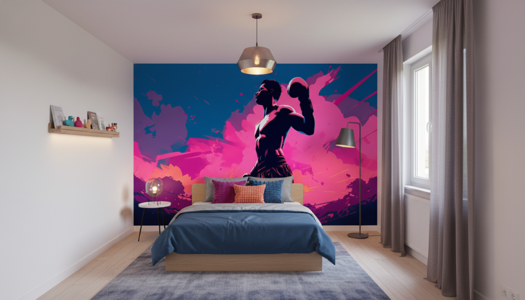Papier peint boxeur silhouette moderne explosion colorée rose fuchsia - Chambre enfant