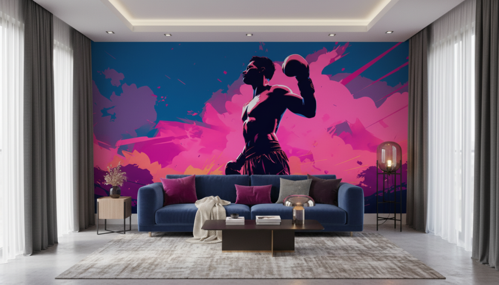 Papier peint boxeur silhouette moderne explosion colorée rose fuchsia - Salon / Séjour