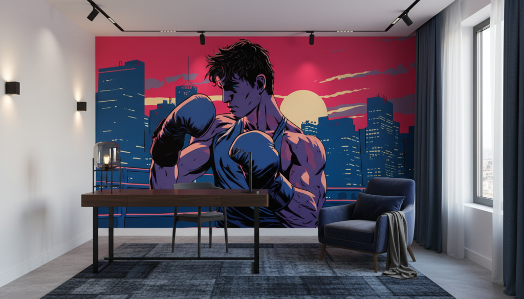 Papier Peint Boxeur Urbain Style Rétro Coucher de Soleil - Bureau