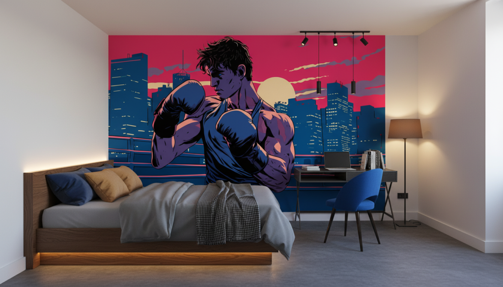 Papier Peint Boxeur Urbain Style Rétro Coucher de Soleil - Chambre ado