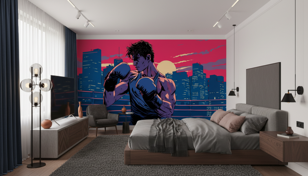 Papier Peint Boxeur Urbain Style Rétro Coucher de Soleil - Chambre adulte