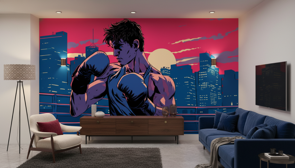 Papier Peint Boxeur Urbain Style Rétro Coucher de Soleil - Salon / Séjour
