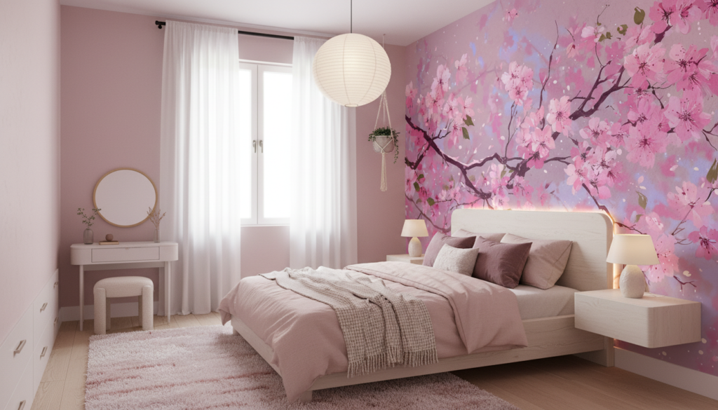 Papier peint branches de cerisier en fleurs rose romantique - Chambre ado