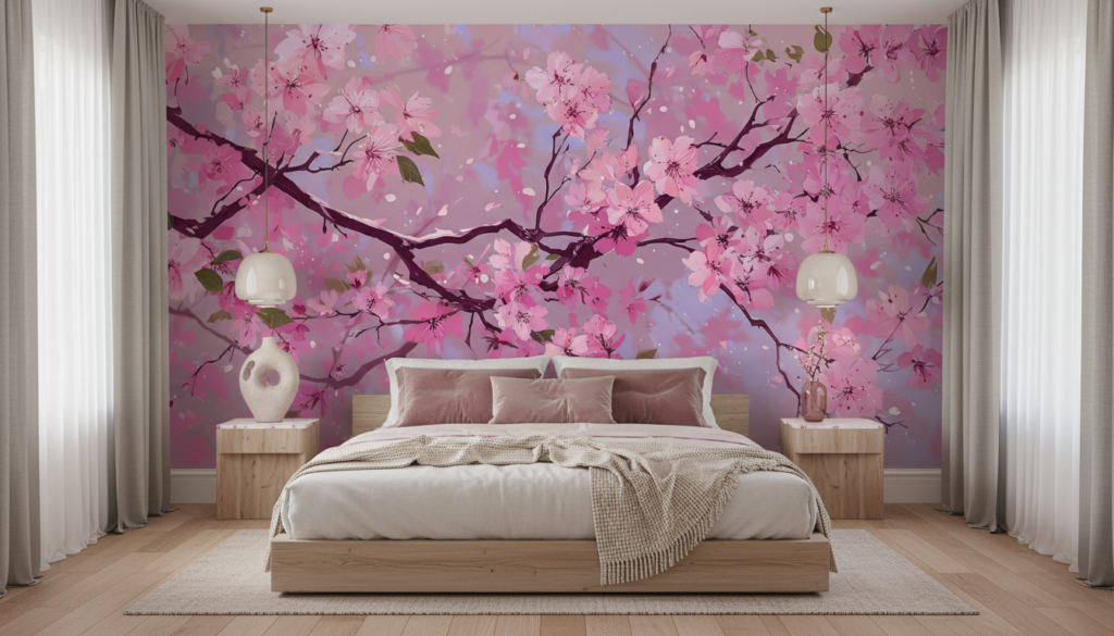 Papier peint branches de cerisier en fleurs rose romantique - Chambre adulte