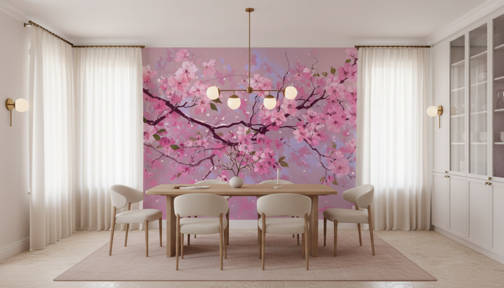 Papier peint branches de cerisier en fleurs rose romantique - Salle à manger