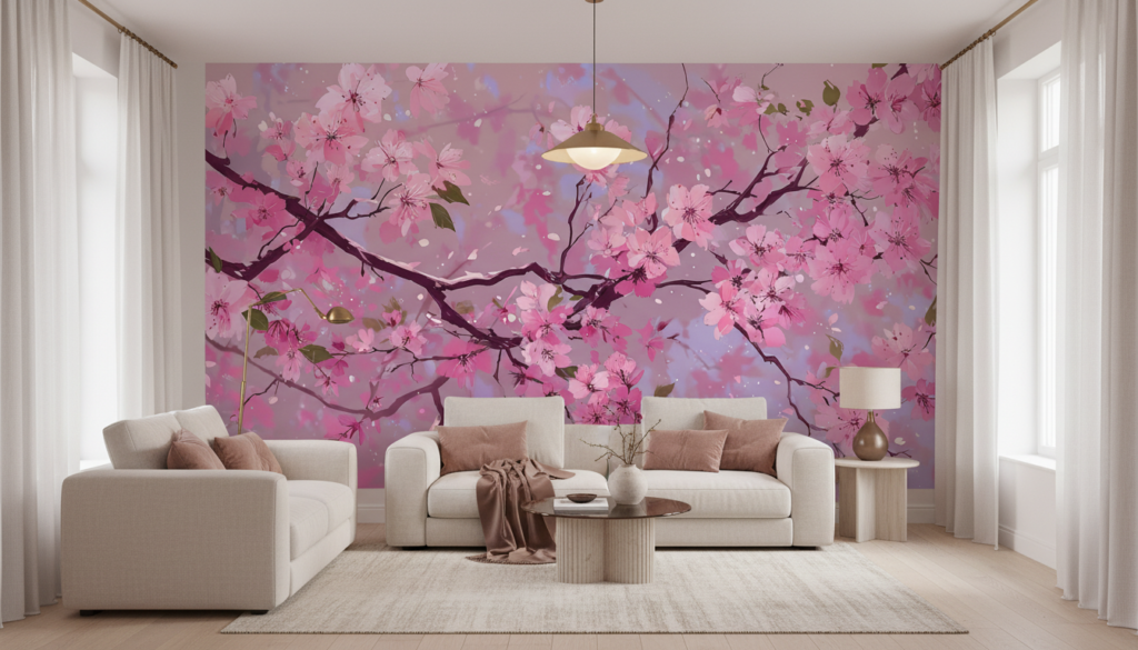 Papier peint branches de cerisier en fleurs rose romantique - Salon / Séjour