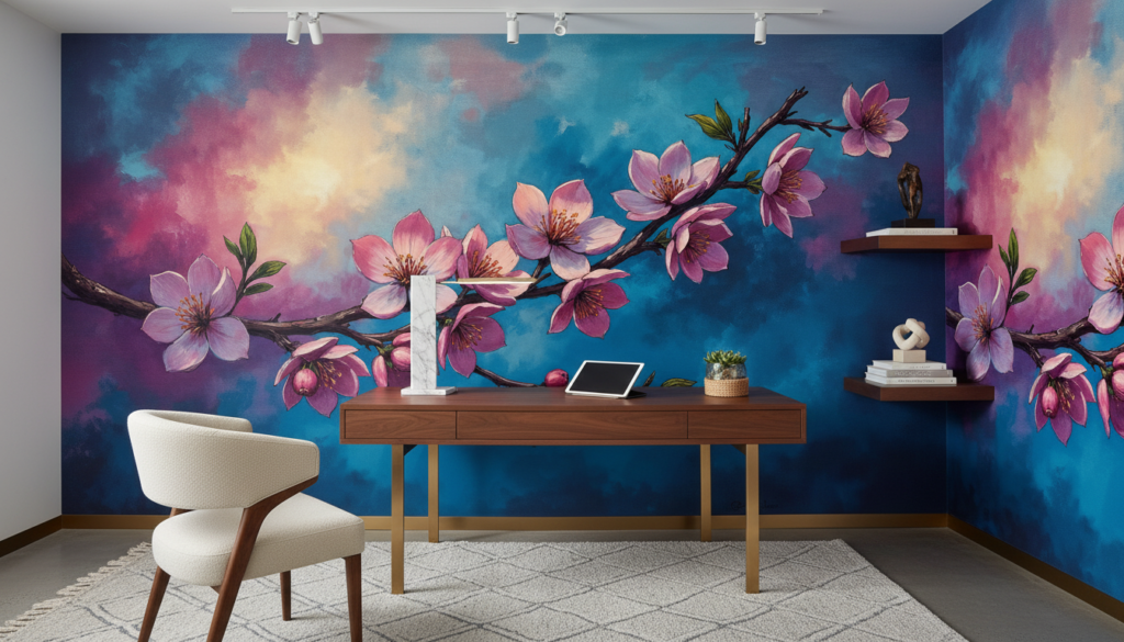 Papier peint branches fleuries roses sur ciel coloré artistique - Bureau