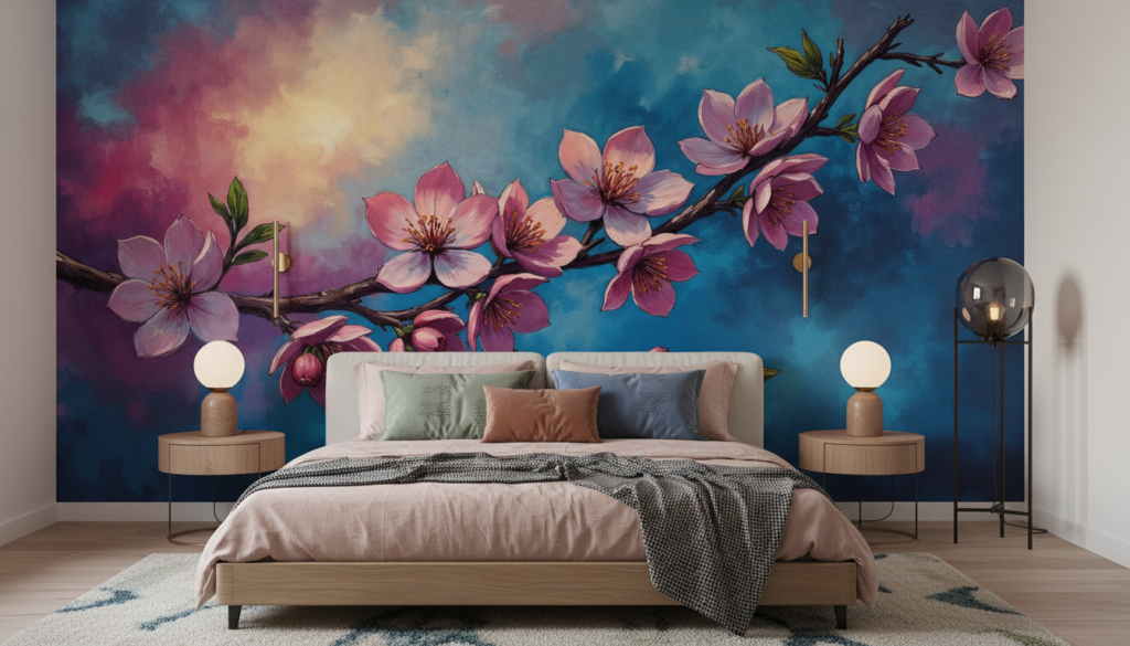 Papier peint branches fleuries roses sur ciel coloré artistique - Chambre adulte