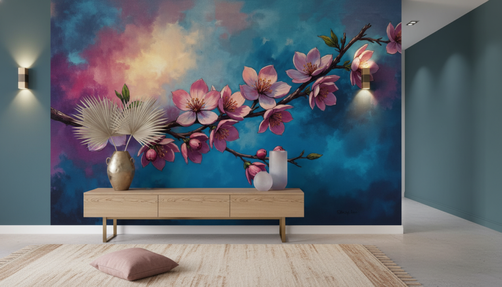 Papier peint branches fleuries roses sur ciel coloré artistique - Entrée