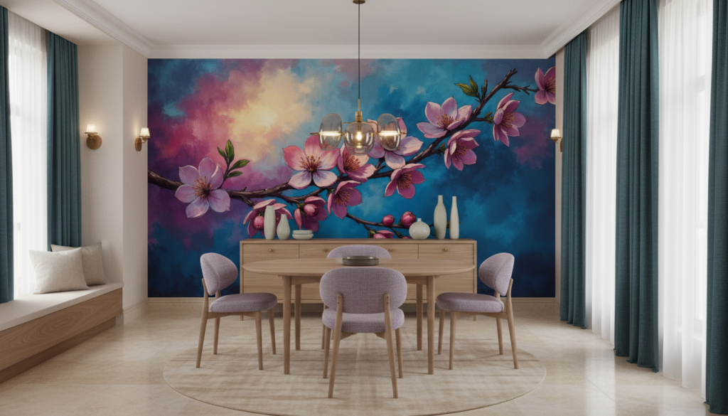 Papier peint branches fleuries roses sur ciel coloré artistique - Salle à manger
