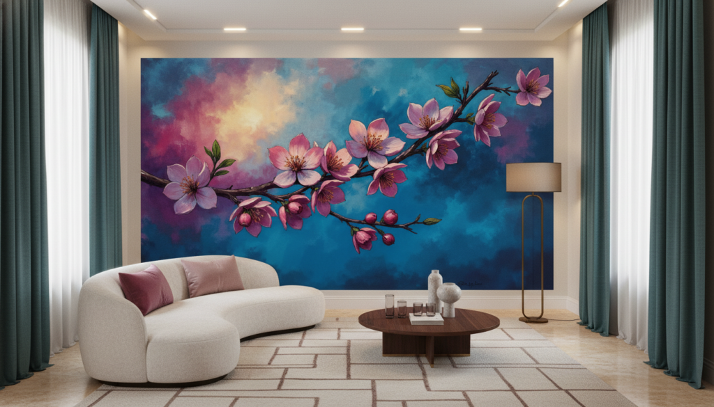 Papier peint branches fleuries roses sur ciel coloré artistique - Salon / Séjour