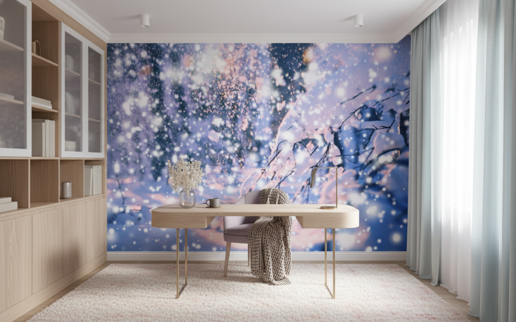 Papier Peint Branches Hivernales aux Reflets Dorés et Neige - Bureau