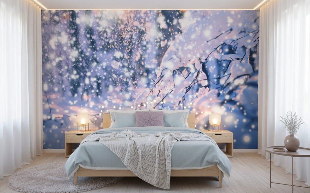 Papier Peint Branches Hivernales aux Reflets Dorés et Neige - Chambre ado