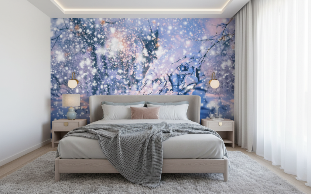 Papier Peint Branches Hivernales aux Reflets Dorés et Neige - Chambre adulte