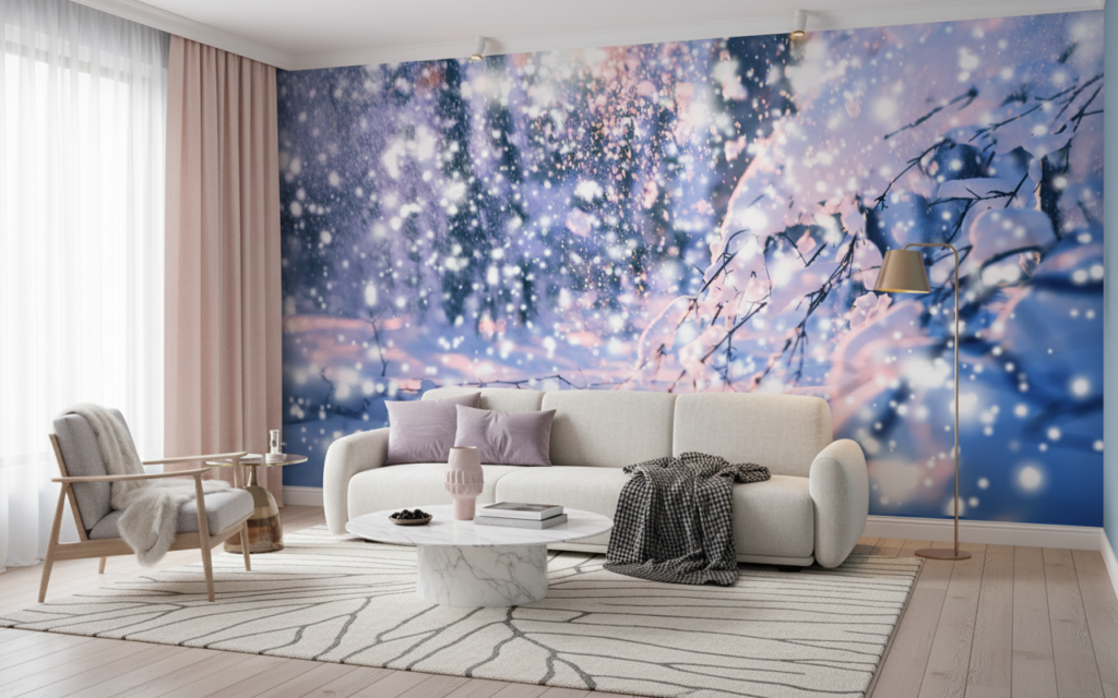 Papier Peint Branches Hivernales aux Reflets Dorés et Neige - Salon / Séjour