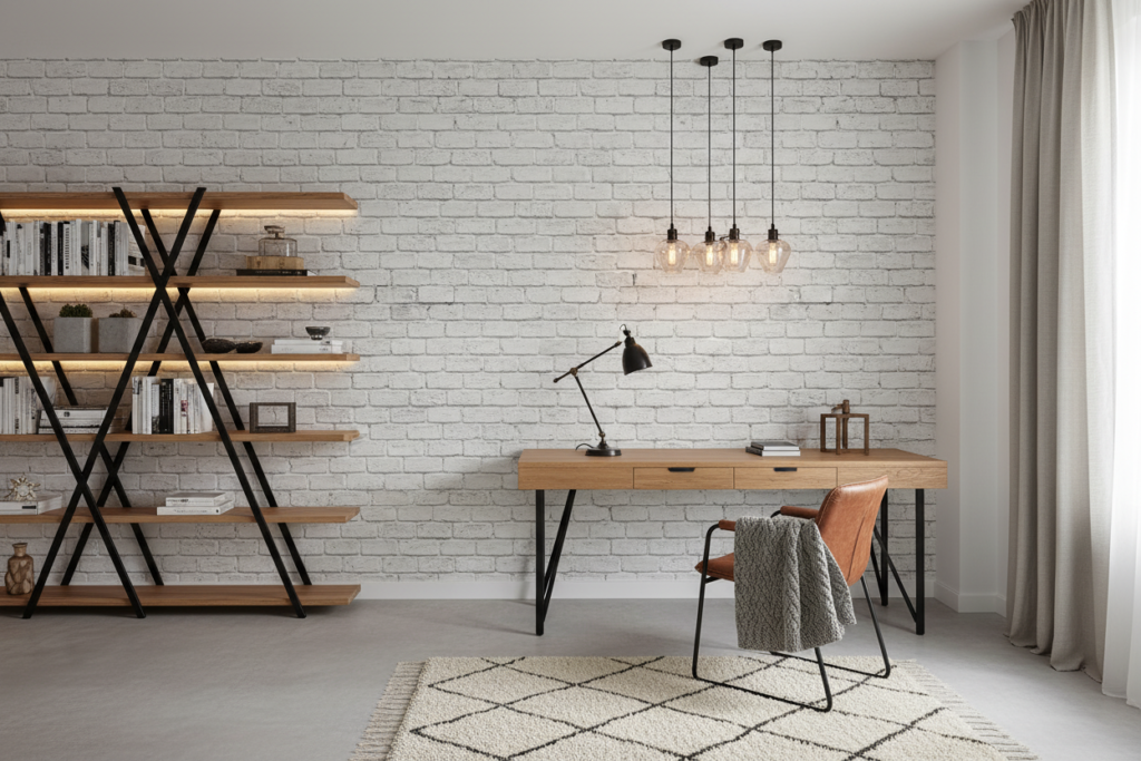 Papier Peint Briques Blanches Effet Mur Industriel Vintage - Bureau