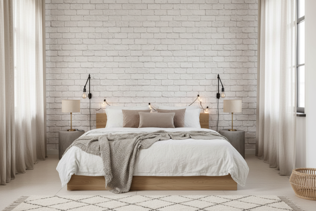 Papier Peint Briques Blanches Effet Mur Industriel Vintage - Chambre adulte