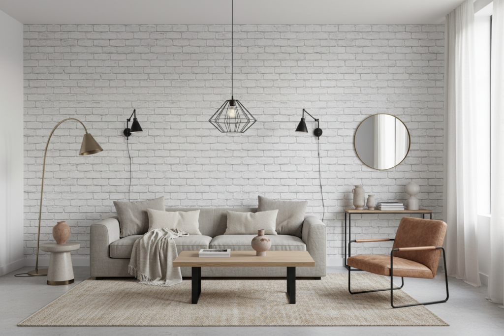 Papier Peint Briques Blanches Effet Mur Industriel Vintage - Salon / Séjour