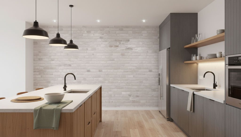 Papier Peint Briques Blanches Vieillies Style Industriel Moderne - Cuisine