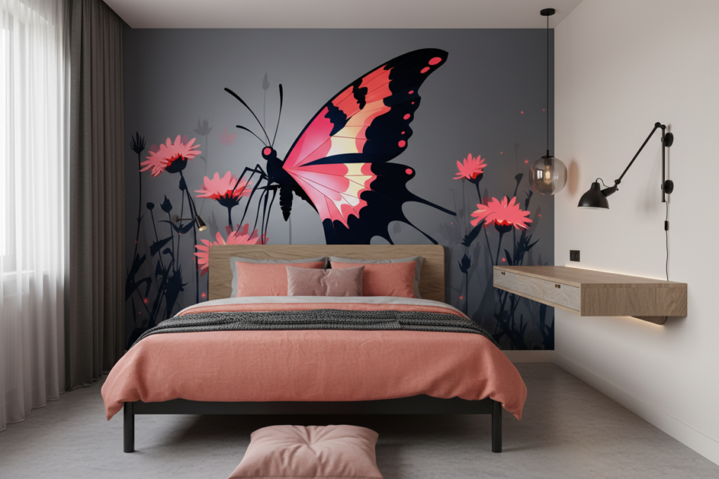 Papier peint butterfly silhouette jardin mystique rose corail - Chambre ado