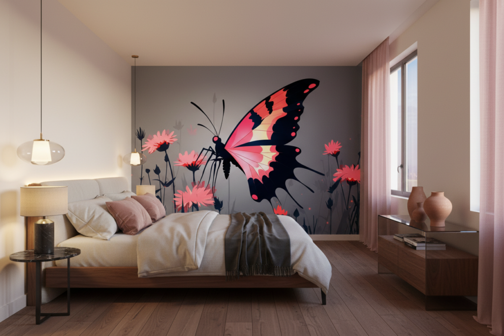 Papier peint butterfly silhouette jardin mystique rose corail - Chambre adulte