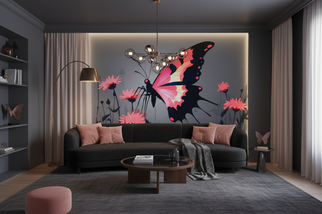 Papier peint butterfly silhouette jardin mystique rose corail - Salon / Séjour