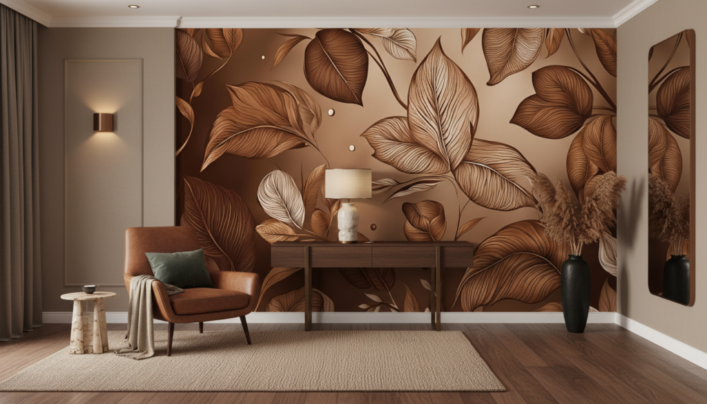 Papier peint élégant feuilles dorées tons chaleureux automne luxueux - Entrée