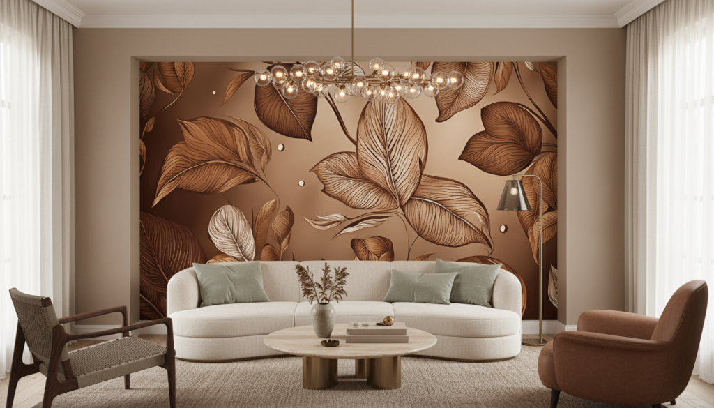 Papier peint élégant feuilles dorées tons chaleureux automne luxueux - Salon / Séjour