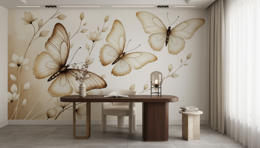 Papier Peint Élégant Papillons Dorés et Fleurs sur Fond Beige - Bureau