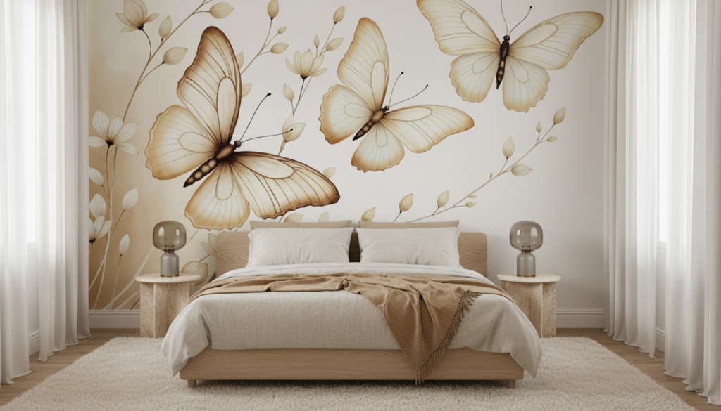 Papier Peint Élégant Papillons Dorés et Fleurs sur Fond Beige - Chambre adulte