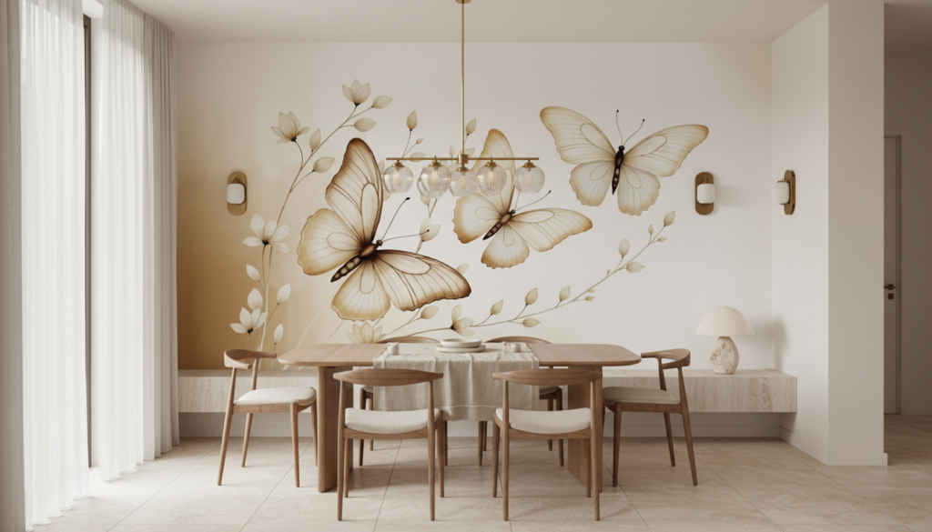 Papier Peint Élégant Papillons Dorés et Fleurs sur Fond Beige - Salle à manger