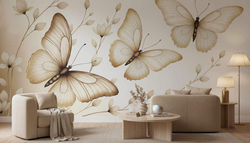 Papier Peint Élégant Papillons Dorés et Fleurs sur Fond Beige - Salon / Séjour