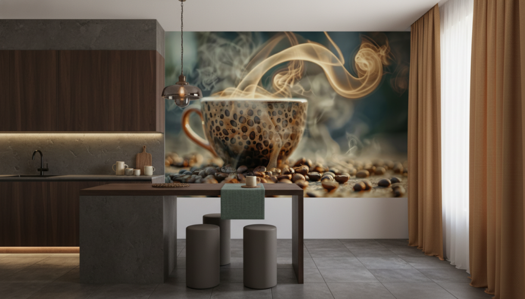 Papier Peint Café Aromatique avec Tasse et Grains Fumants - Cuisine