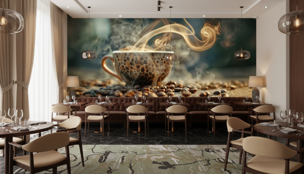 Papier Peint Café Aromatique avec Tasse et Grains Fumants - Restaurant