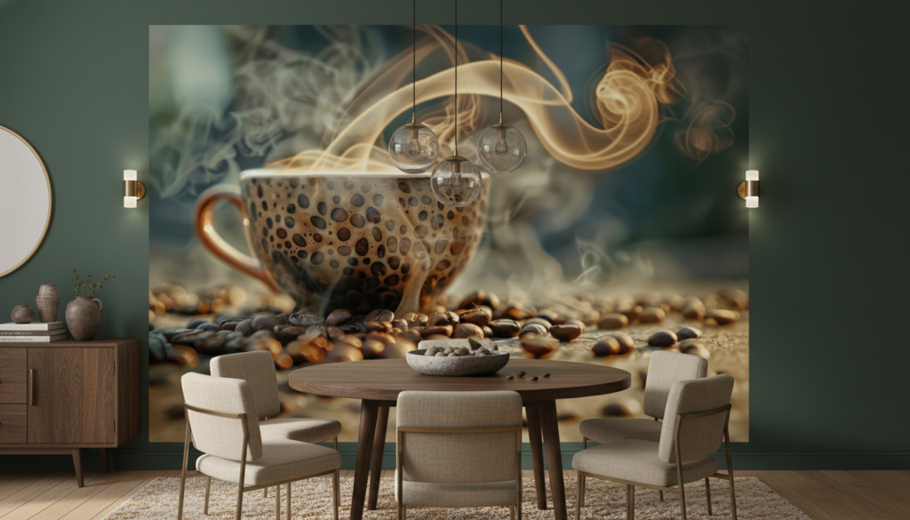 Papier Peint Café Aromatique avec Tasse et Grains Fumants - Salle à manger