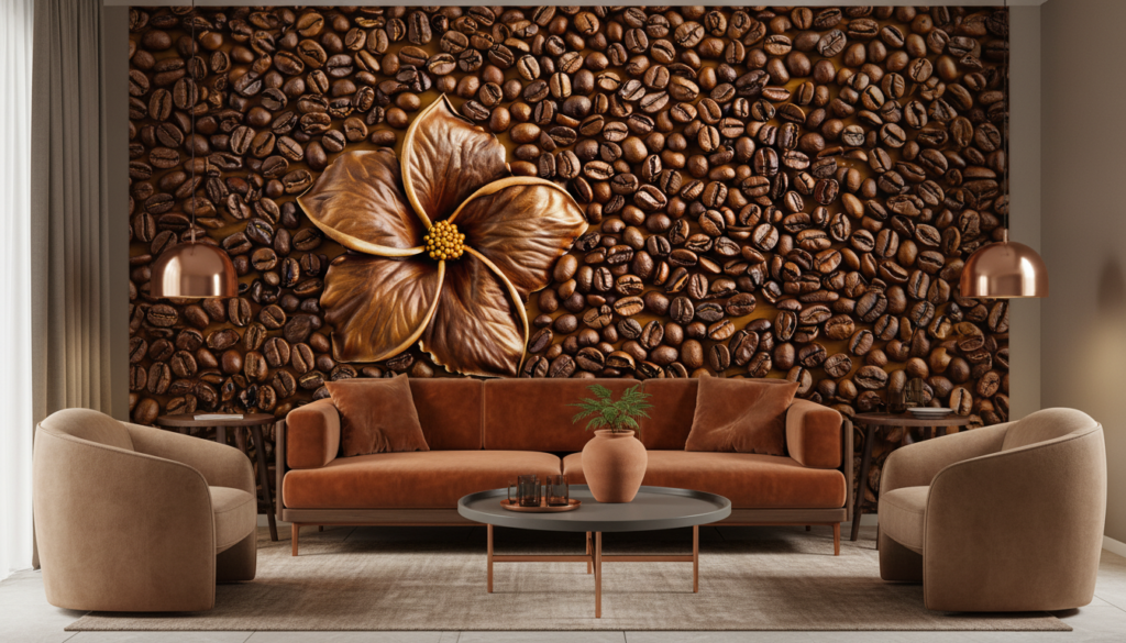 Papier peint café grains torréfiés et fleur tropicale décorative - Boutique