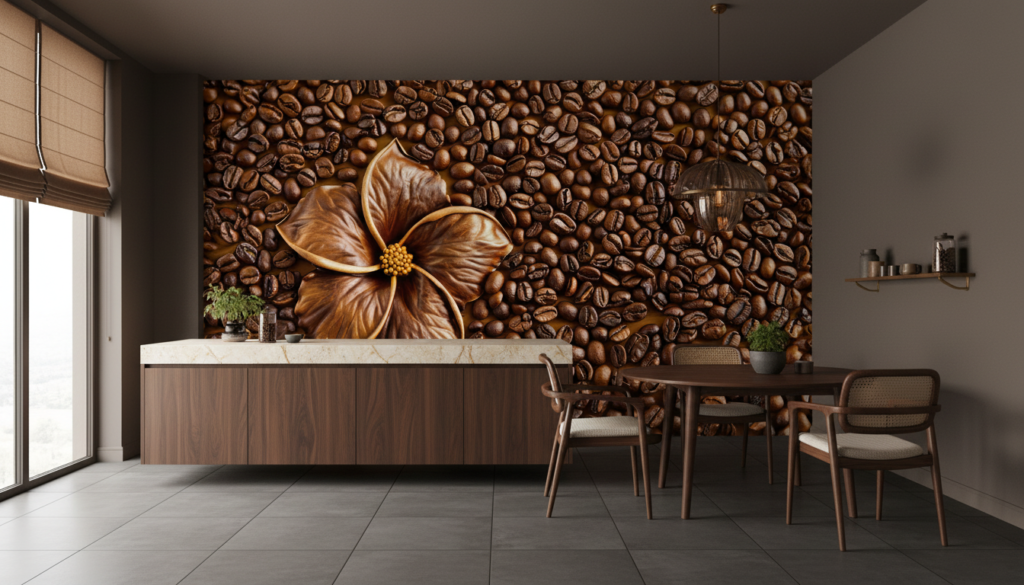 Papier peint café grains torréfiés et fleur tropicale décorative - Cuisine