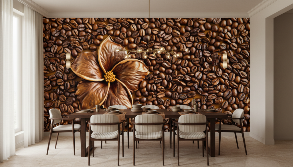 Papier peint café grains torréfiés et fleur tropicale décorative - Salle à manger