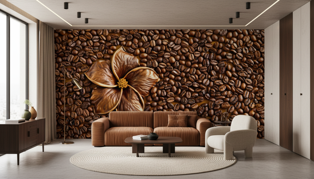 Papier peint café grains torréfiés et fleur tropicale décorative - Salon / Séjour
