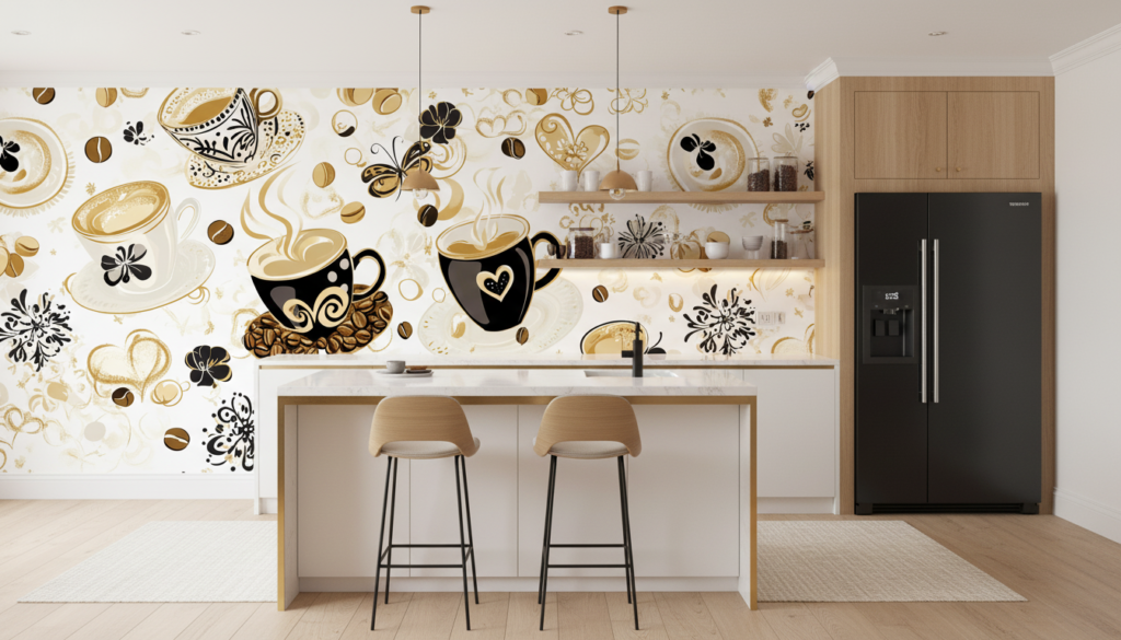 Papier Peint Café Vintage avec Tasses et Grains Dorés - Cuisine