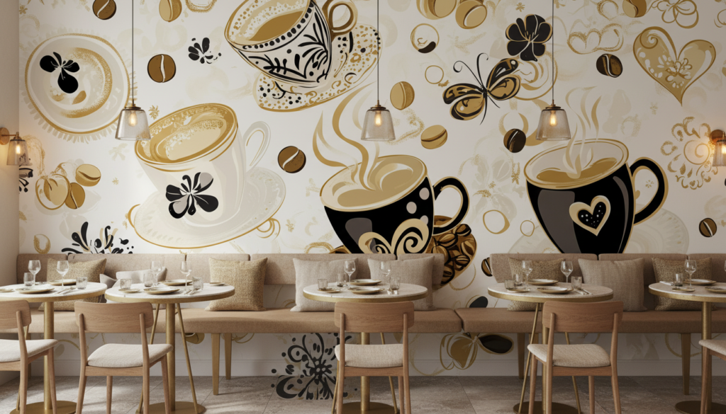 Papier Peint Café Vintage avec Tasses et Grains Dorés - Restaurant