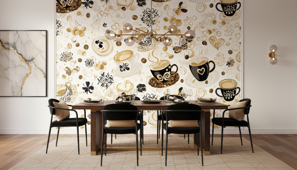 Papier Peint Café Vintage avec Tasses et Grains Dorés - Salle à manger