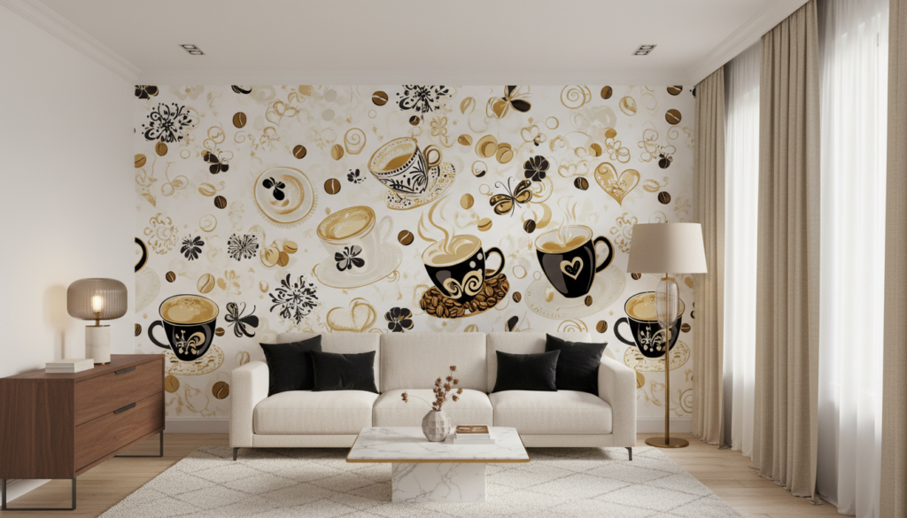 Papier Peint Café Vintage avec Tasses et Grains Dorés - Salon / Séjour