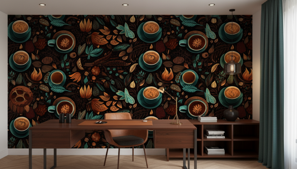 Papier peint café vintage avec motifs botaniques et tasses illustrées - Bureau