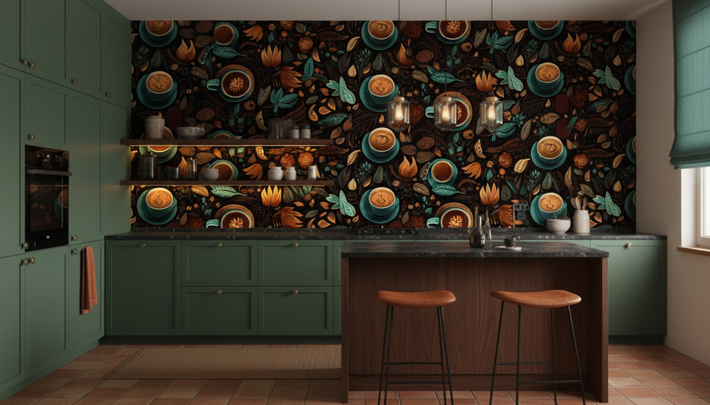 Papier peint café vintage avec motifs botaniques et tasses illustrées - Cuisine