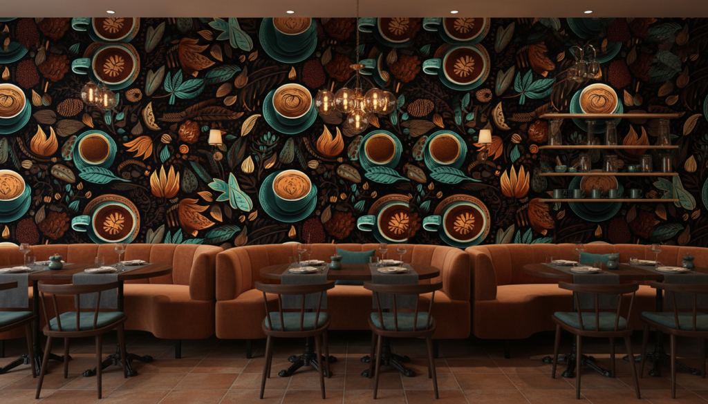 Papier peint café vintage avec motifs botaniques et tasses illustrées - Restaurant