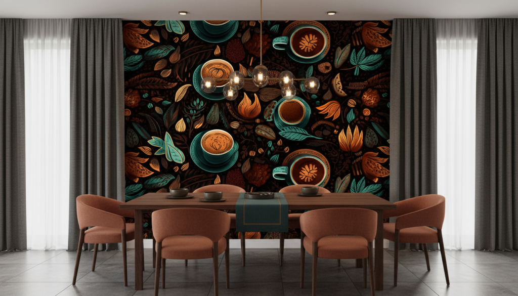 Papier peint café vintage avec motifs botaniques et tasses illustrées - Salle à manger