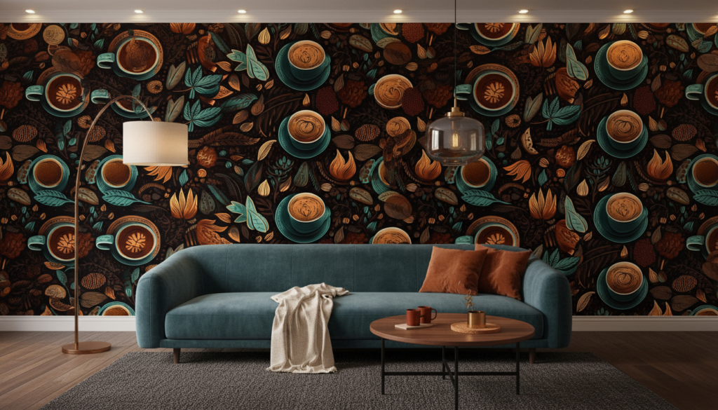 Papier peint café vintage avec motifs botaniques et tasses illustrées - Salon / Séjour