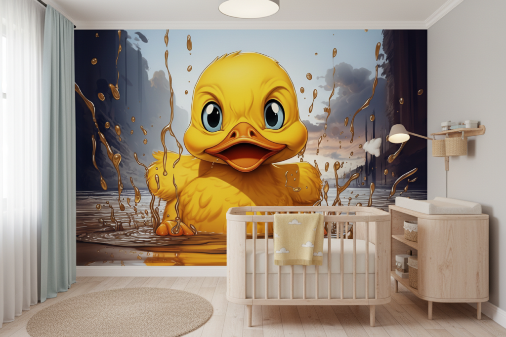 Papier peint caneton jaune éclaboussures d'eau ambiance ludique et colorée - Chambre bébé